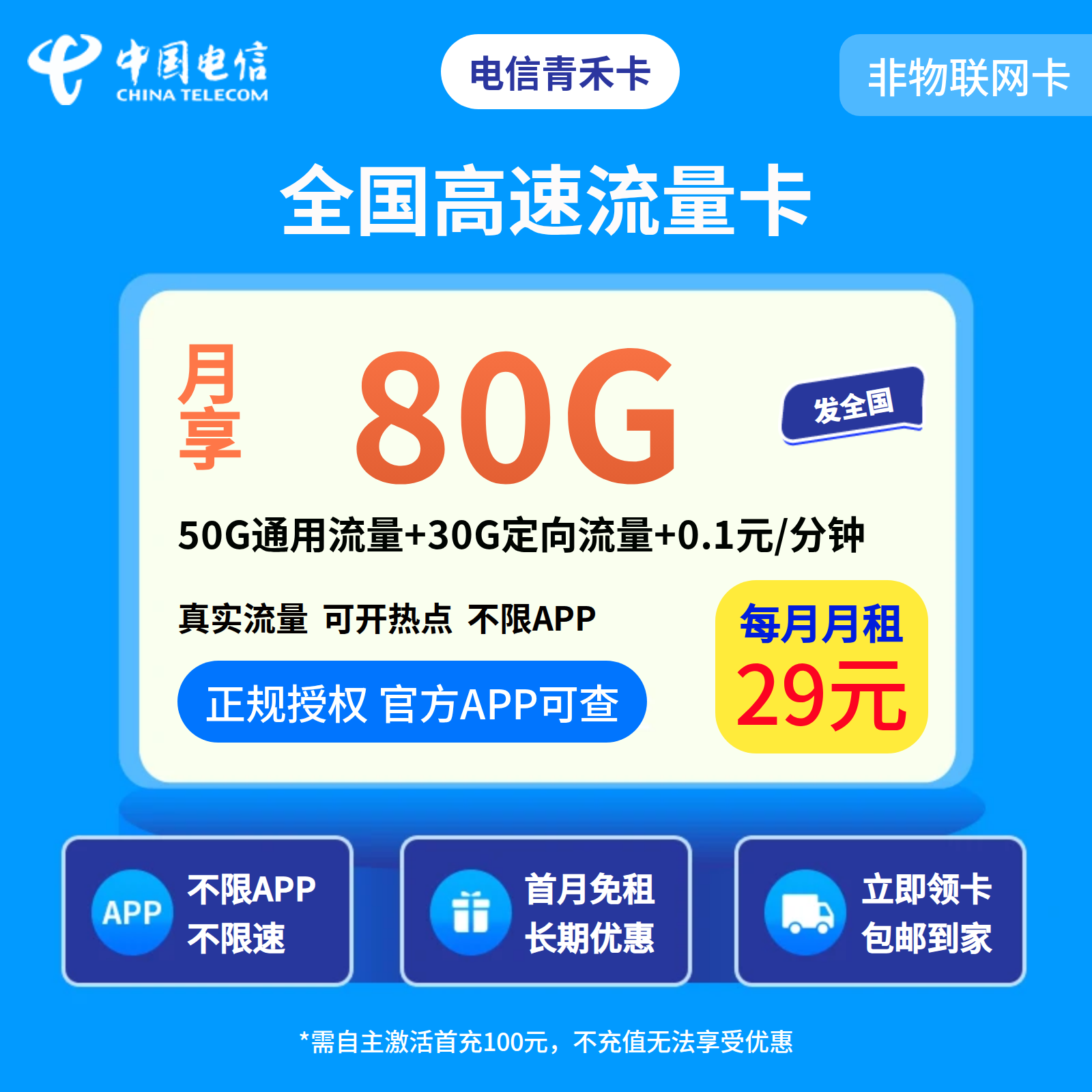 电信青禾卡29元80G【只发湖南】流量有惊喜
