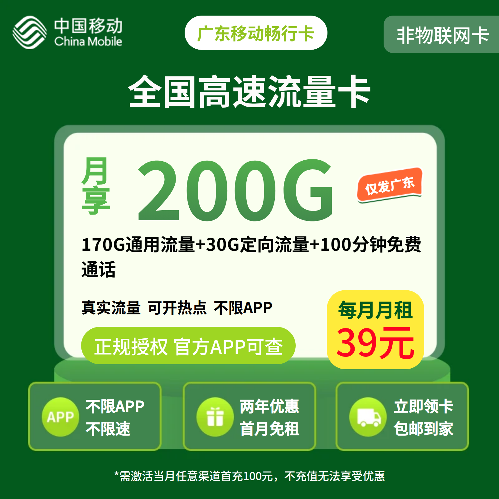 广东移动畅行卡39元160G-210G+100分钟【只发广东】