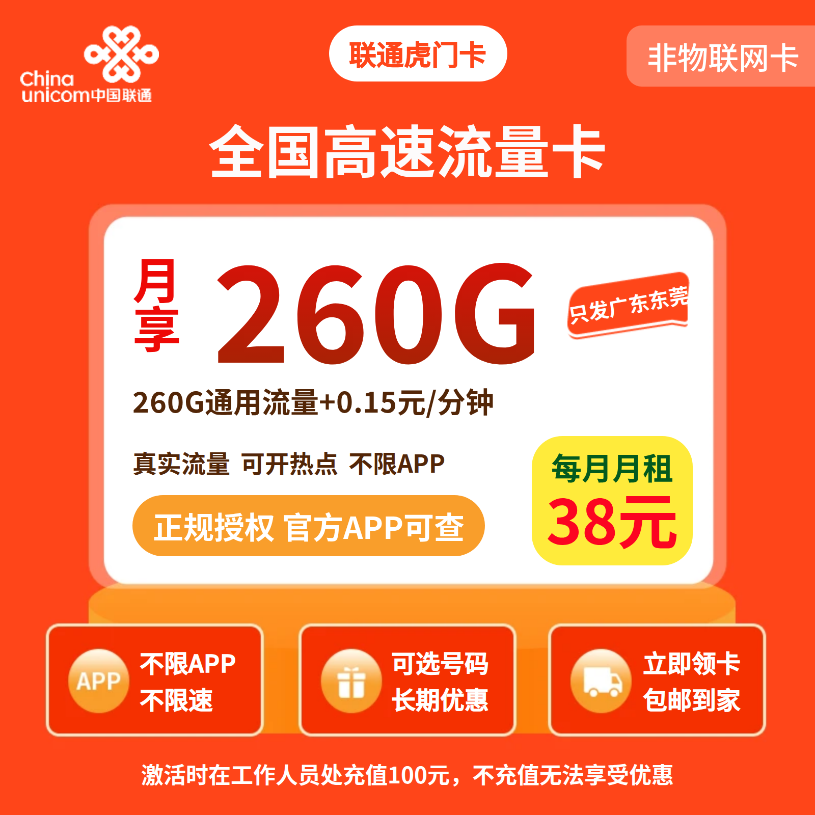 联通虎门卡38元260G+0.15元/分钟【只发广东东莞】