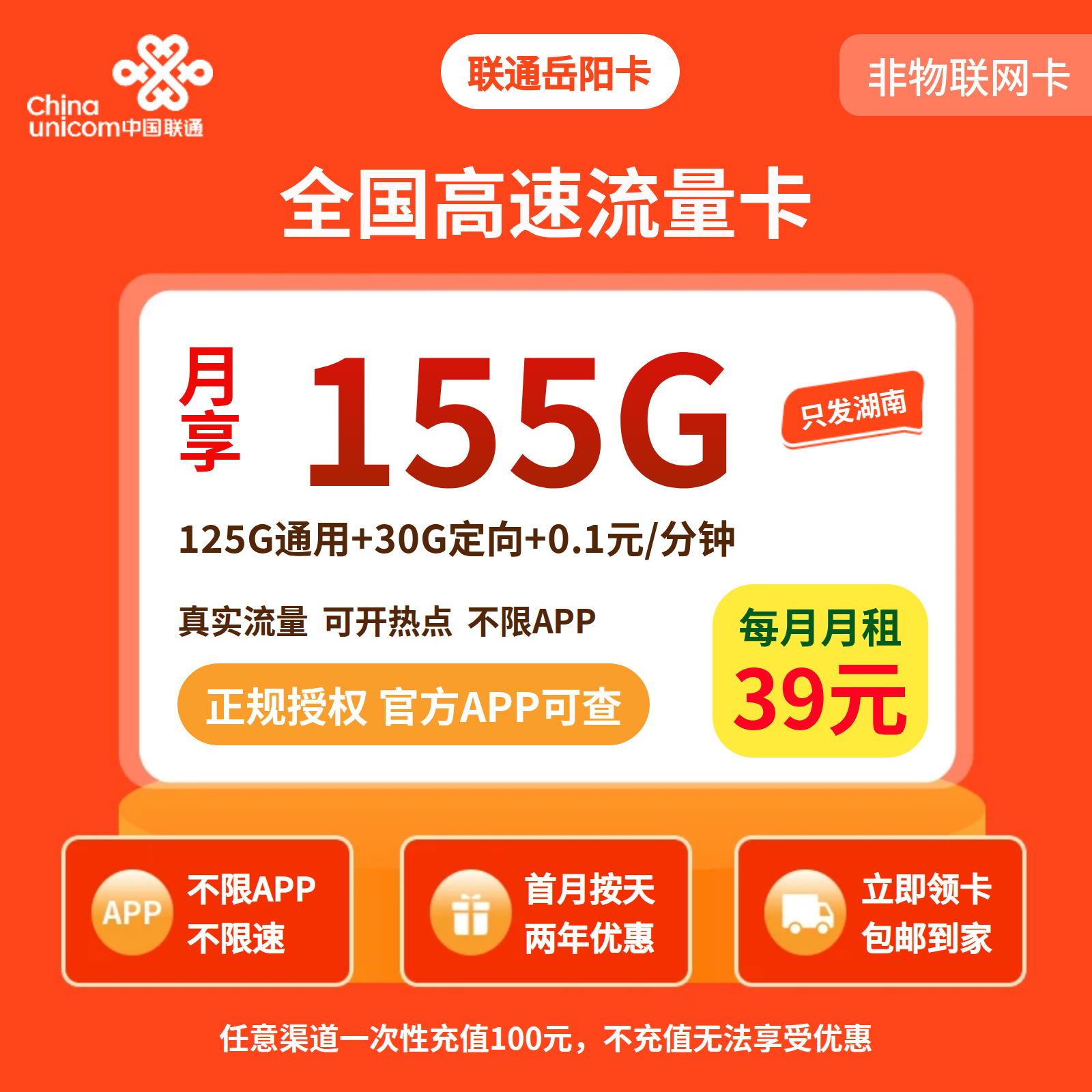 联通岳阳卡39元155G+0.1元/分钟【只发湖南】