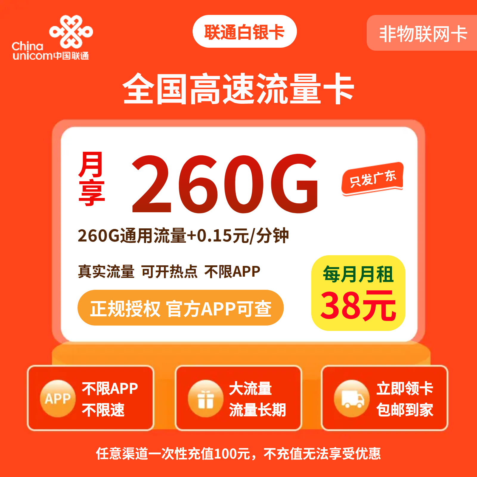 GY联通白银卡38元260G流量+0.15/分钟【只发广东】