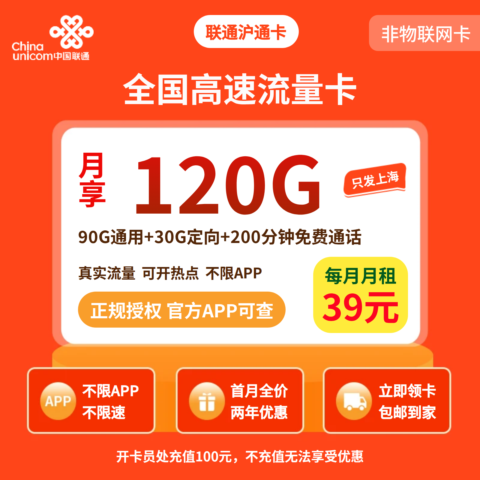 联通沪通卡39元120G+200分钟【只发上海】