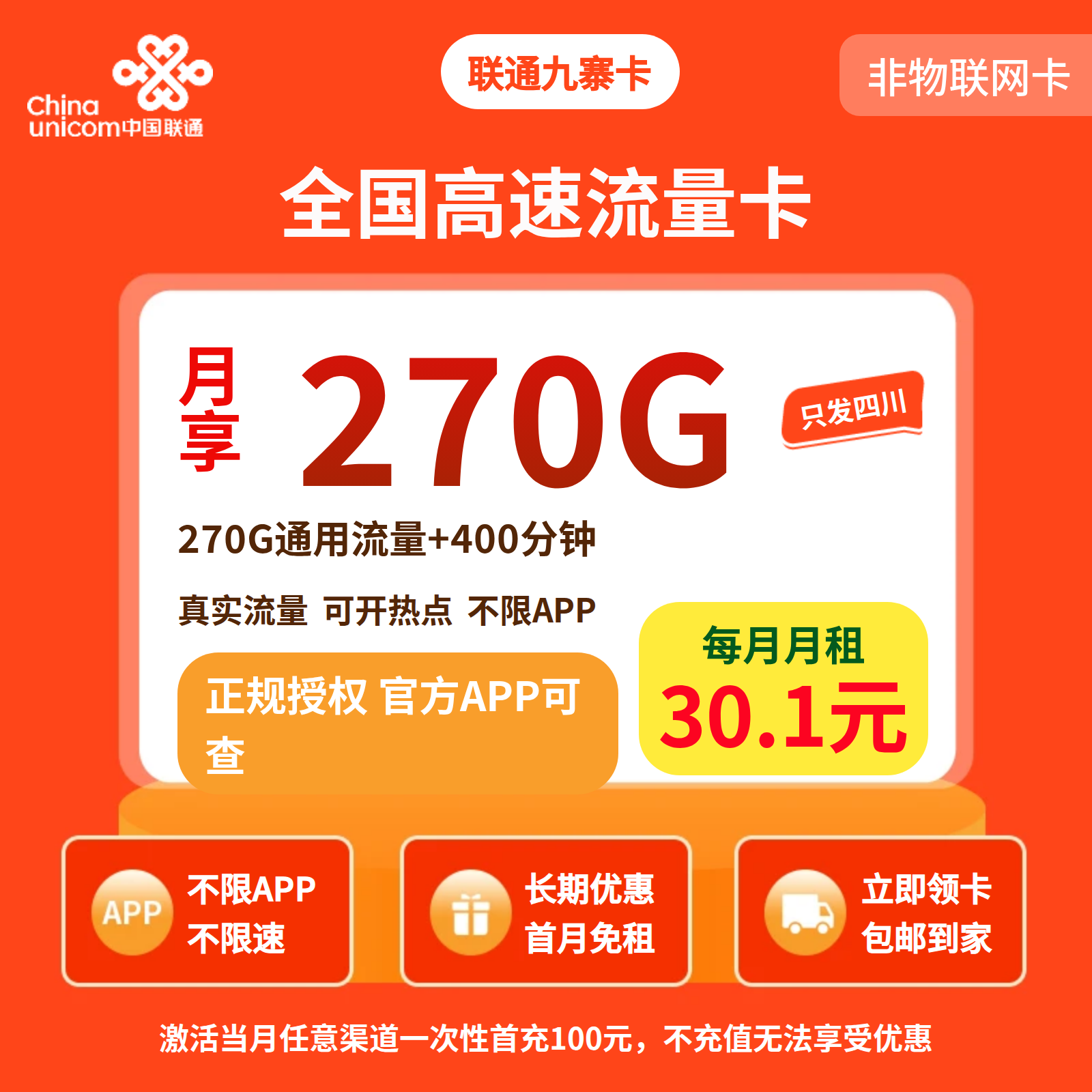 联通九寨卡30.1元270G+400分钟【仅发四川】